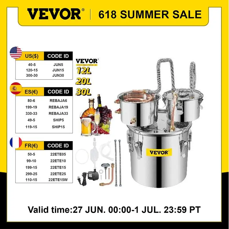 

VEVOR 12L 20L 30L Alcohol Brewing Distiller DIY Moonshine Apparatus Stainless Steel Still Whisky Beer Wine Brandy Home Appliance