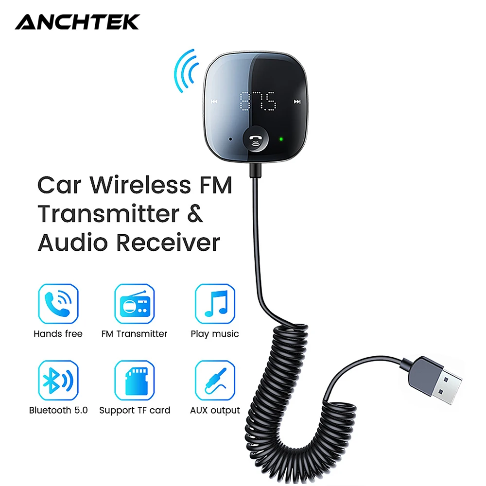 

Беспроводной FM-трансмиттер Anchtek, AUX аудио приемник, светодиодный дисплей, TF-карта, музыка, Автомобильный MP3-плеер, Bluetooth 5,0, автомобильная сист...