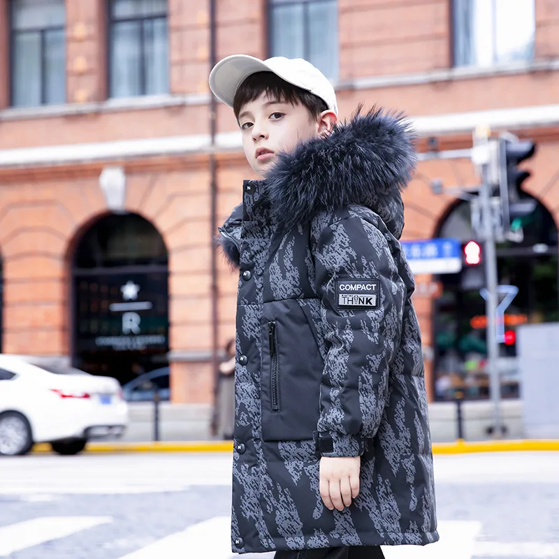 Зимний пуховик для мальчиков 2022 -30 градусов камуфляжная утепленная Длинная