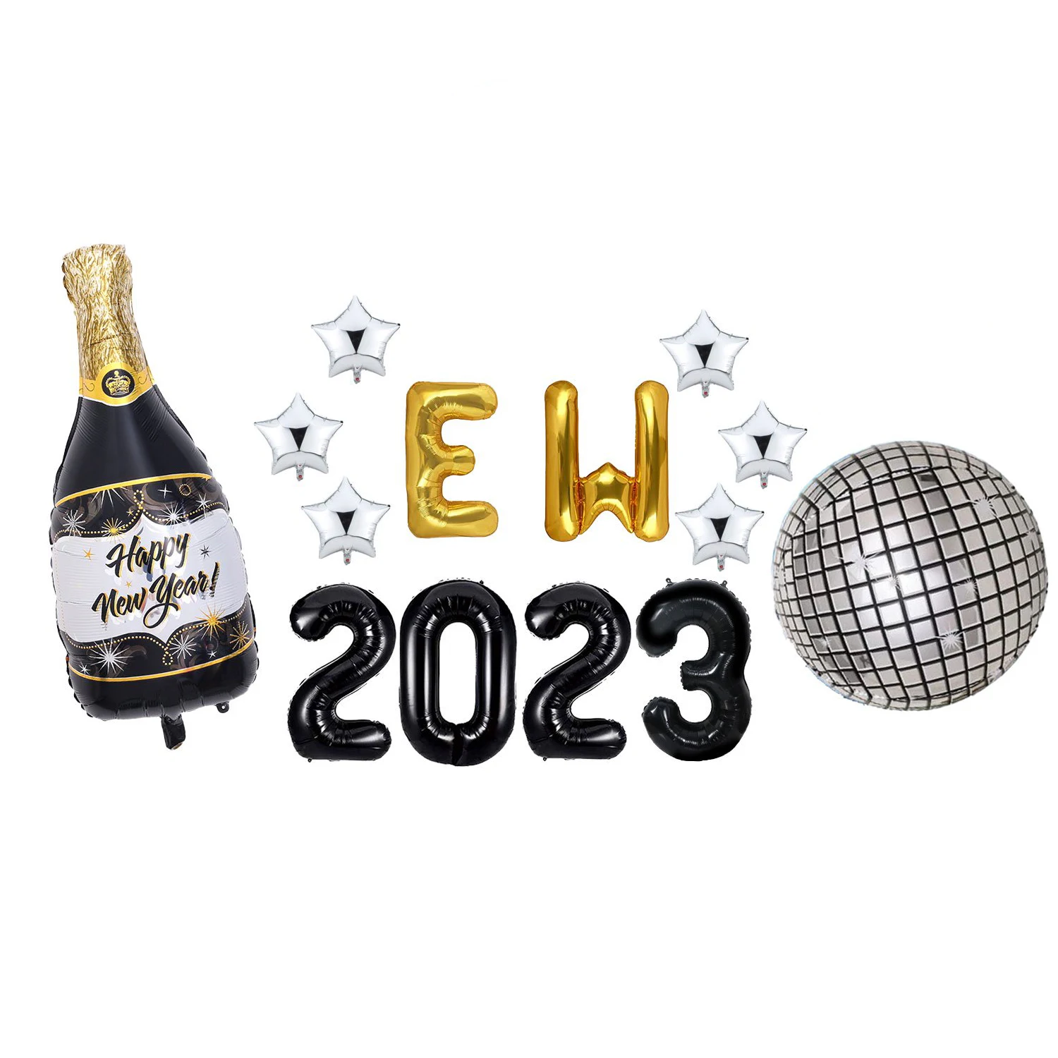 

KREATWOW Happy New Year Balloon Set EW 2023 Balloon Banner Champagne Disco Ball Foil Balloon 2023 New Year's Eve Party Supplies