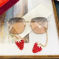 rectangular sunglasses metal temples with gold metal chain and detachable strawberry pendant
