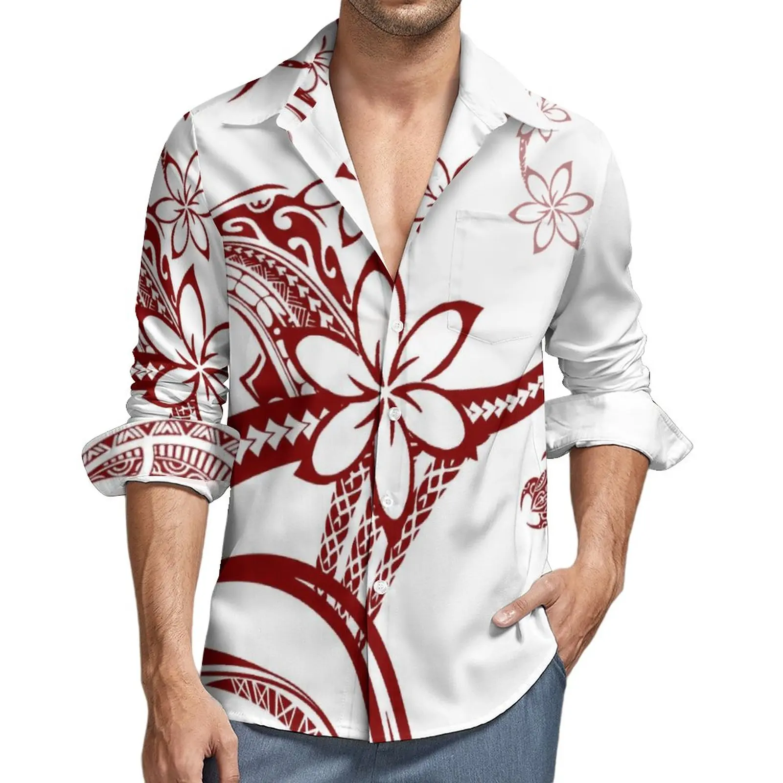 

Customizable Factory Outlet Polynesian Tribal Luxury Design Samoan Style Mens Long Sleeve Trendy Shirt Big Size Cozy