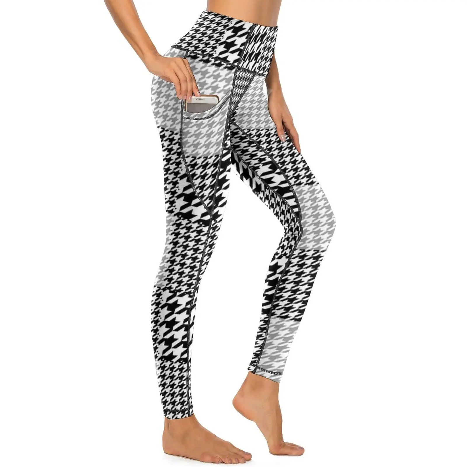 

Plaid Houndstooth Yoga Pants Pockets Black And White Print Leggings Sexy Push Up Kawaii Yoga Sports Tights Graphic Gym Leggins