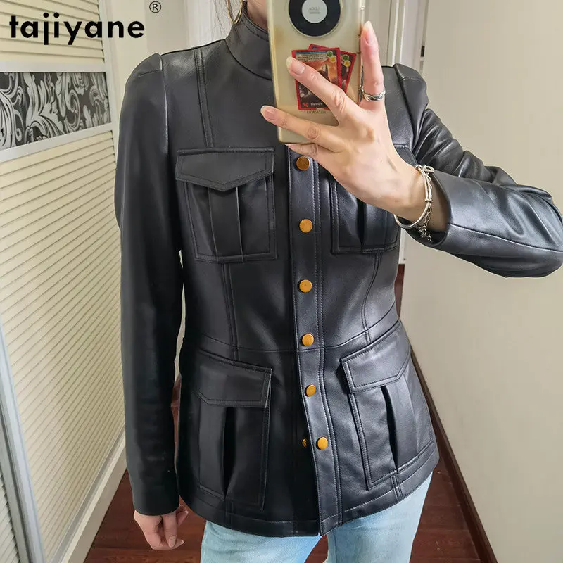 

Женская кожаная куртка Tajiyane, элегантная однобортная куртка из натуральной овечьей кожи с воротником-стойкой