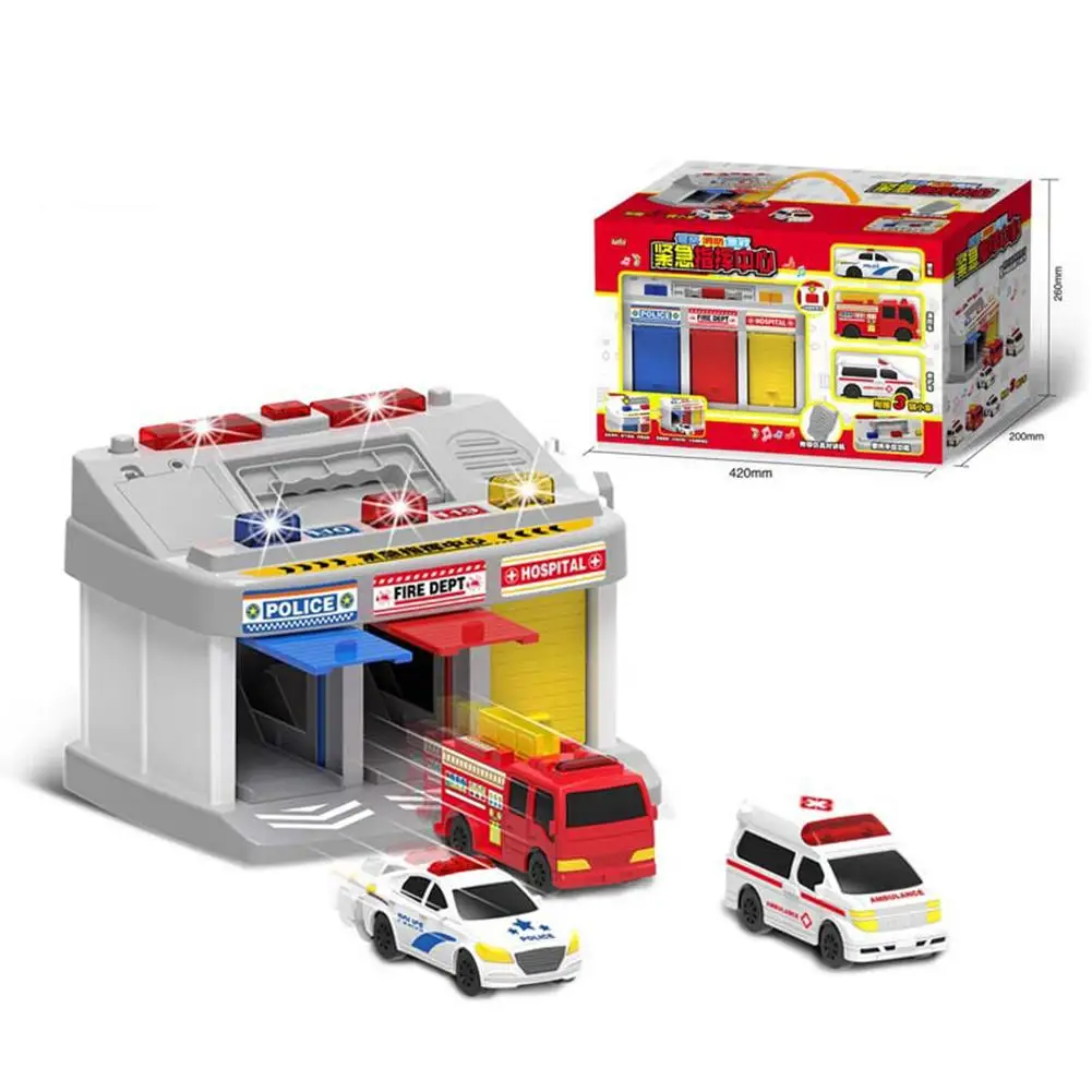 

Children Fire Rescue Center School Bus Command Station Toy Car Set Police Car Ambulance Fire Truck School Bus Parking