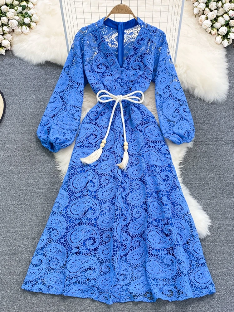 

FMFSSOM Summer New Women Fashion Casual Hollow Out Long Sleeve Dress Elegant V-Neck Sash Tie Up Flare Sleeve A-Line Dresses