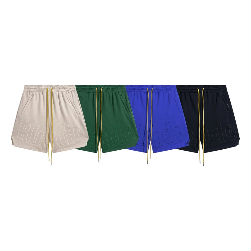 

2023 Rhude Patchwork Shorts Men Women 1:1 Best Quality Yellow Drawstring Shorts Breeches Gym