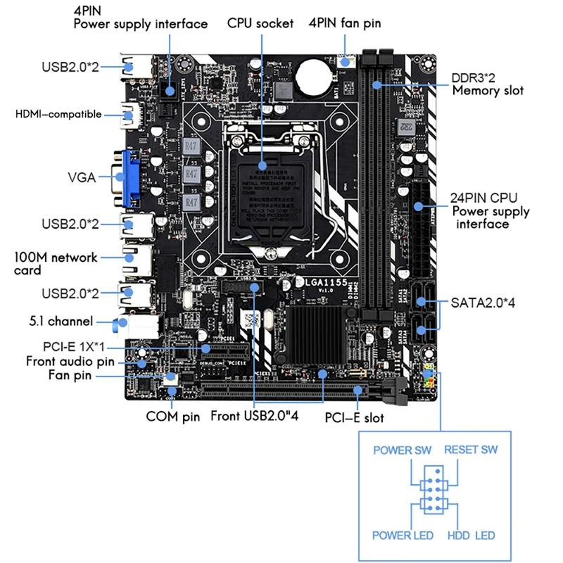 Материнская плата H61M LGA1155 (Core I7/I5/I3) PCI-E 8X DDR3X2 M-ATX SATA2.0 материнская для настольного