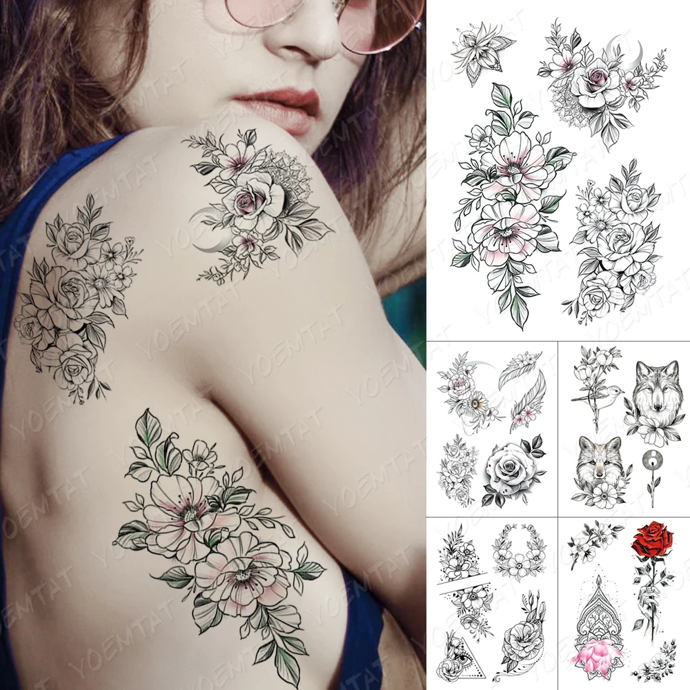 

Sexy Henna Waterproof Temporary Tatto Sticker Rose Peony Moon Fox Body Art Flower Animal Fake Tattoo Men Women Back 3D Tattoos