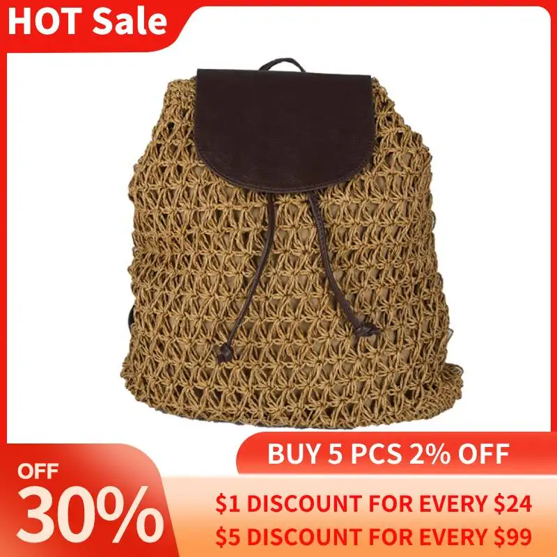 

Women Backpack Drawstring Female Fashion Straw Bag Summer Beach Hollow Lady Weave Pack Bag Large Capacity Travel Shoulder Tote