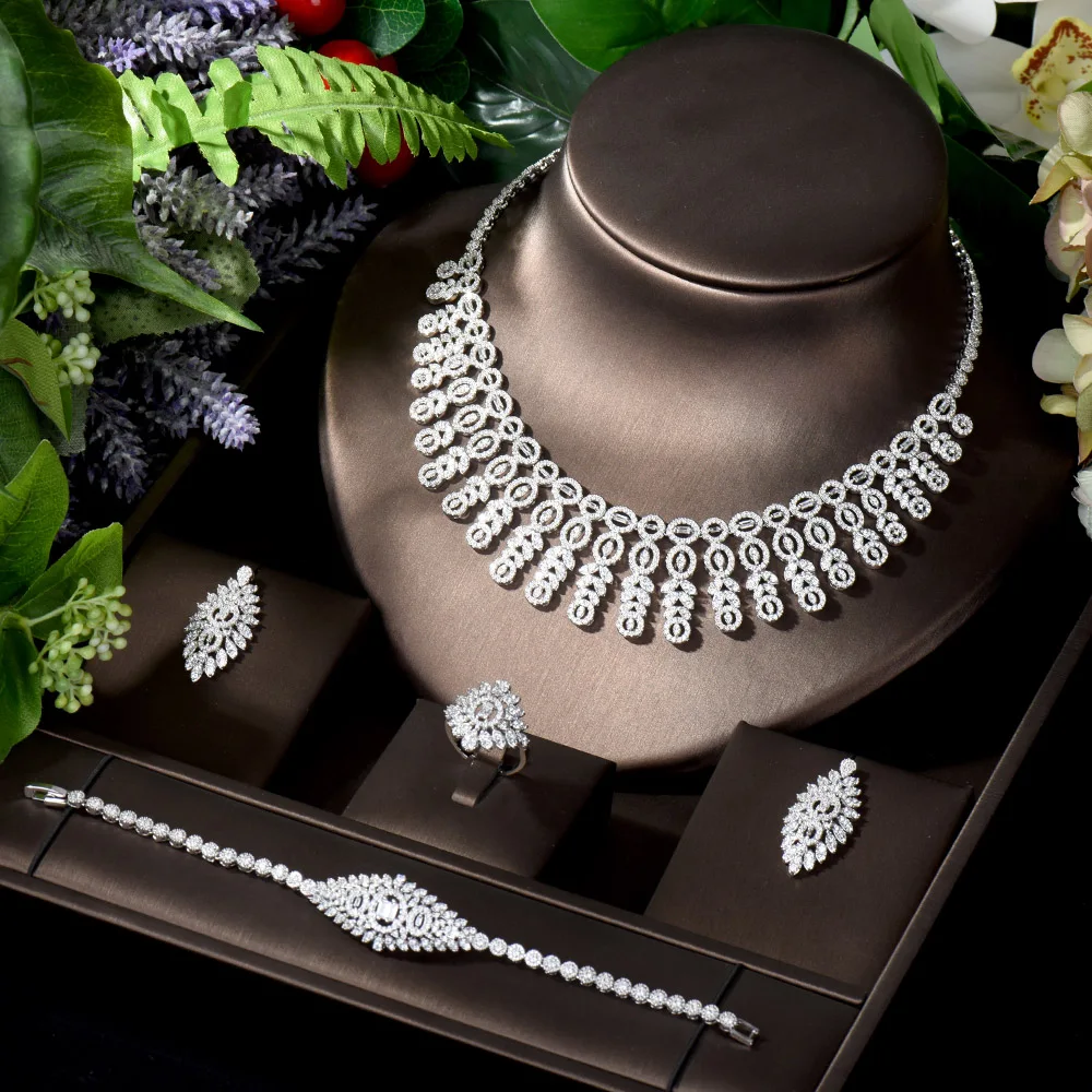 HIBRIDE белый кубический циркон проложили свадебные ожерелья и серьги наборы 4 шт ювелирные изделия для женщин вечерние платья аксессуары N-990