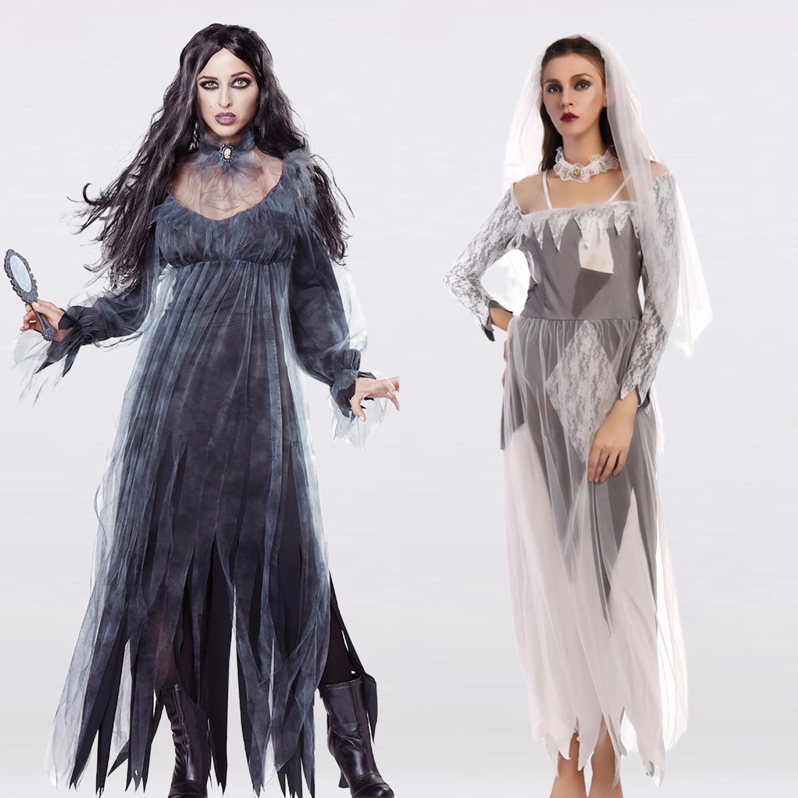 

Cotton Halloween Cosplay Dress with Veil Women Bodycon Maxi Dress Long Sleeve Gothic Style Casual Zipper Vacation Outfit