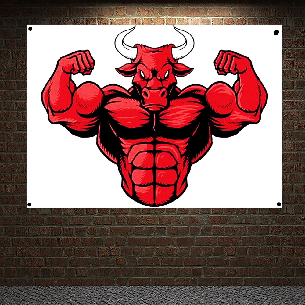 

Bull Body Building Workout Banner Wall Hanging Inspirational Poster Tapestry 4 Grommets Custom Flag Stadium Gym Wall Decoration