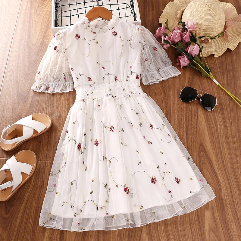 

2022 Summer Lace Short Sleeve Little Flower Princess Girls Dress 7-12 Years Teenager Children Birthday Present Clothes For Kids