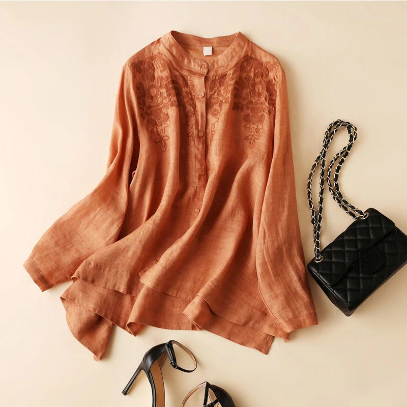 

2022 New Arrival Spring/Autumn O-neck Long Sleeve Blouses Floral Embroidery Cotton Linen Casual Shirts Blusas Mujer Femme E531