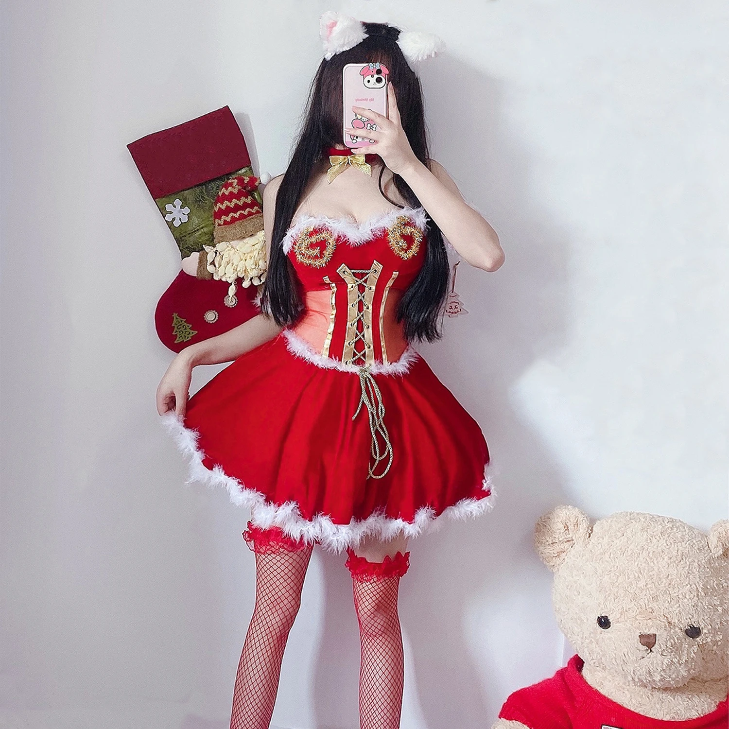 

Red Christmas Costumes Lady Santa Claus Velvet Bunny Role Play Lace Lolita Rabbit COS Outfits Kawaii Dress Maid Waitress Uniform