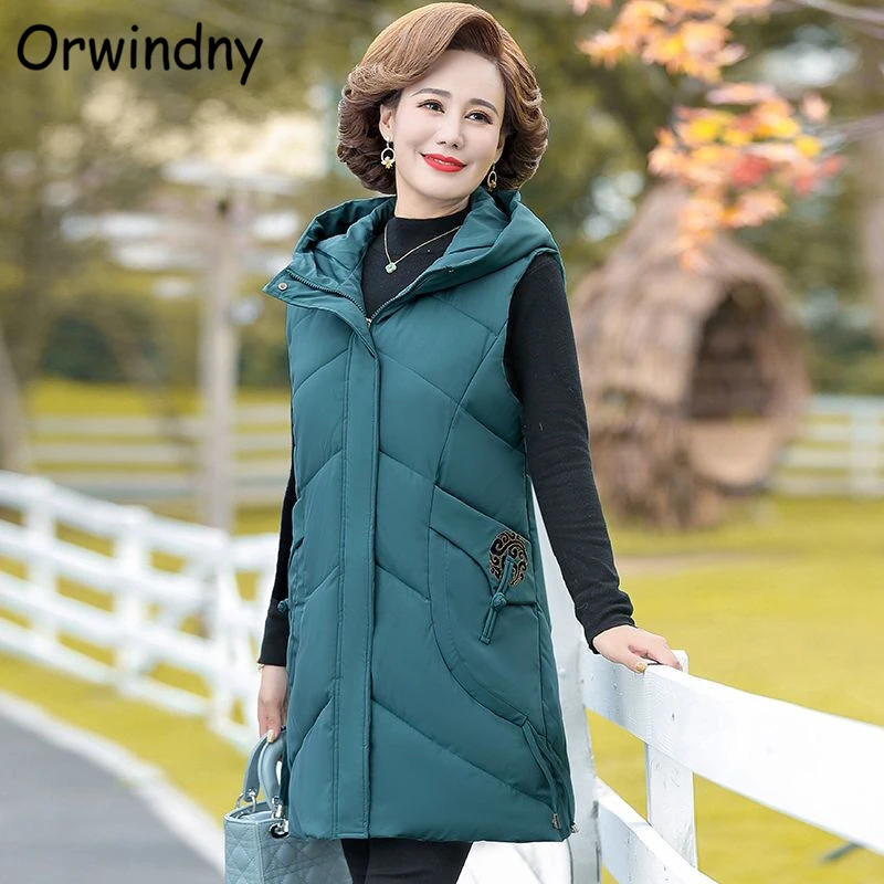 

Warm Vest Winter Jacket Coat Sleeveless Hooded Cotton Long Waistcoat Female XL-9XL Mother Vests Gilets Embroidery Orwindny