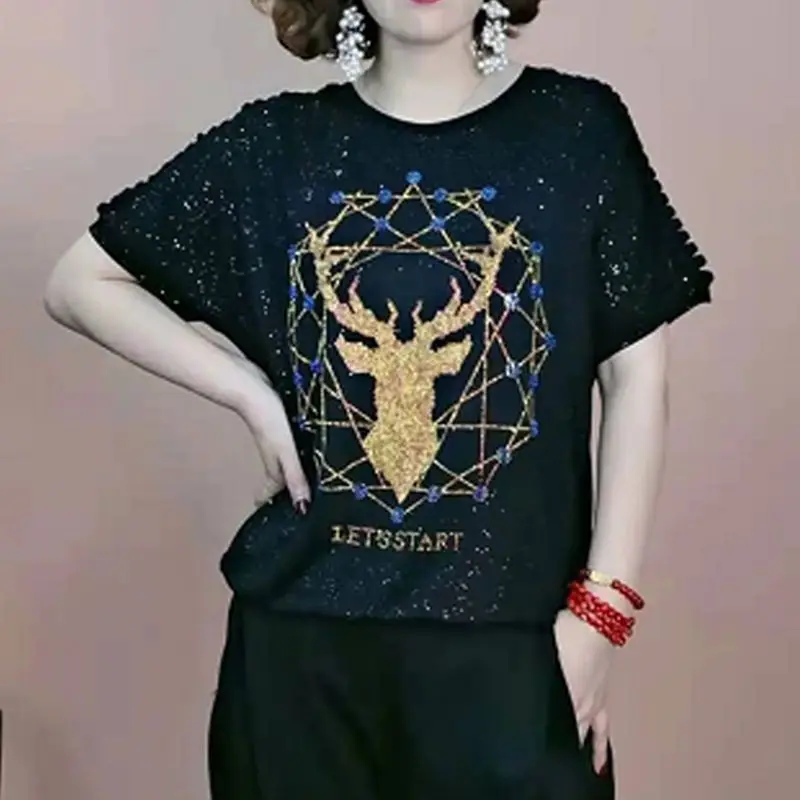 Женский пуловер с коротким рукавом и круглым вырезом Повседневная Свободная