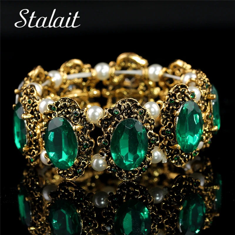 

Wholesale Brand Hotsell Vintage Gold Color Green Big Stone Crystal Rhinestones Bracelet Bangle Jewelry For Women Wedding