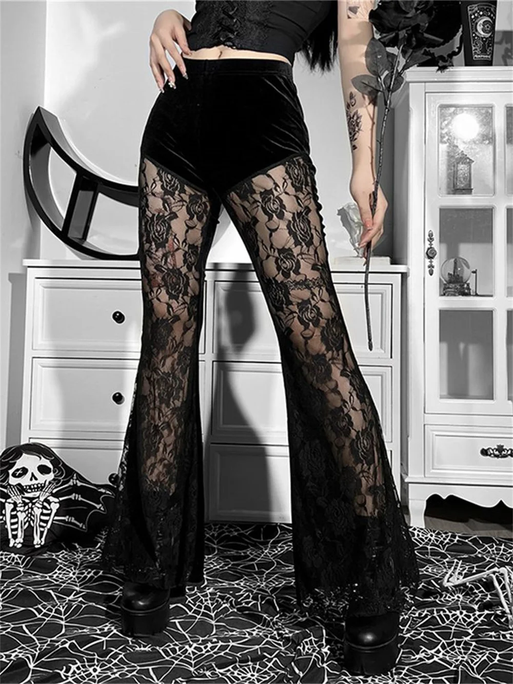 

See Through Lace Flared Pants Harajuku Black Sexy Aesthetic Women Trousers High Waist Mom Summer Print Pants Grunge Punk Ins