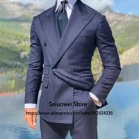 navy blue double breasted tuxedo groom wedding peaked lapel 2 piece jacket pants set costume homme formal slim fit mens suits
