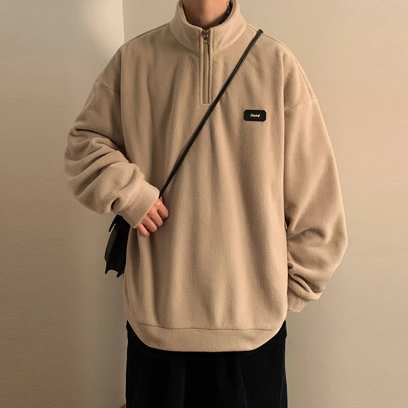 

Fall Winter Mens Leisure Fleece Sweatshirts Fashion Solid Color Long Sleeve Loose Pullovers Men Trend Zipper Stand Collar Tops