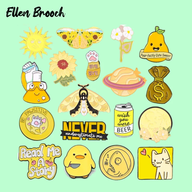 

Creative Yellow Enamel Pins Animal Cat Duck Dog Plant Flower Sun Geometric Letter Beer Alloy Brooch Badge Fashion Jewelry Gift