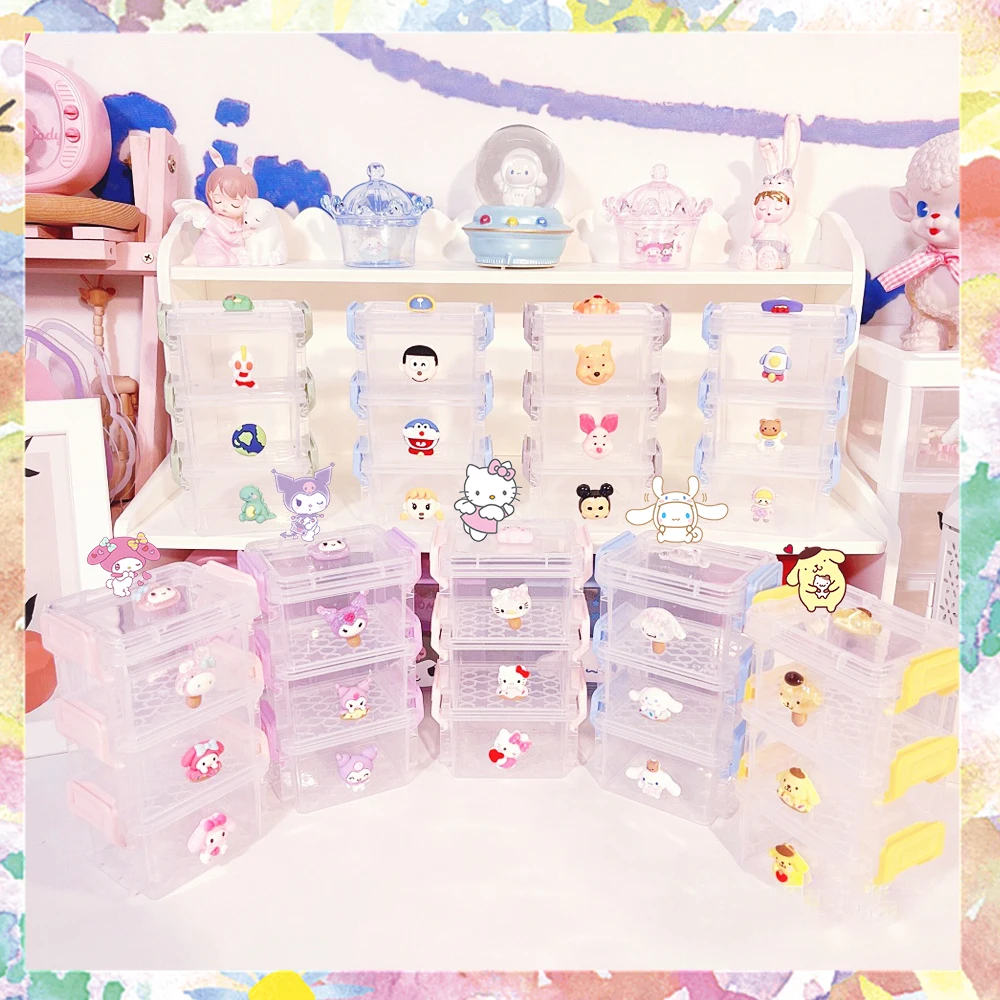 

Sanrioed Storage Box Stackable Kawaii Anime My Melody Hello Kitty Kuromi Jewelry Sticker Stationery Sundries Magic Buckle Mini