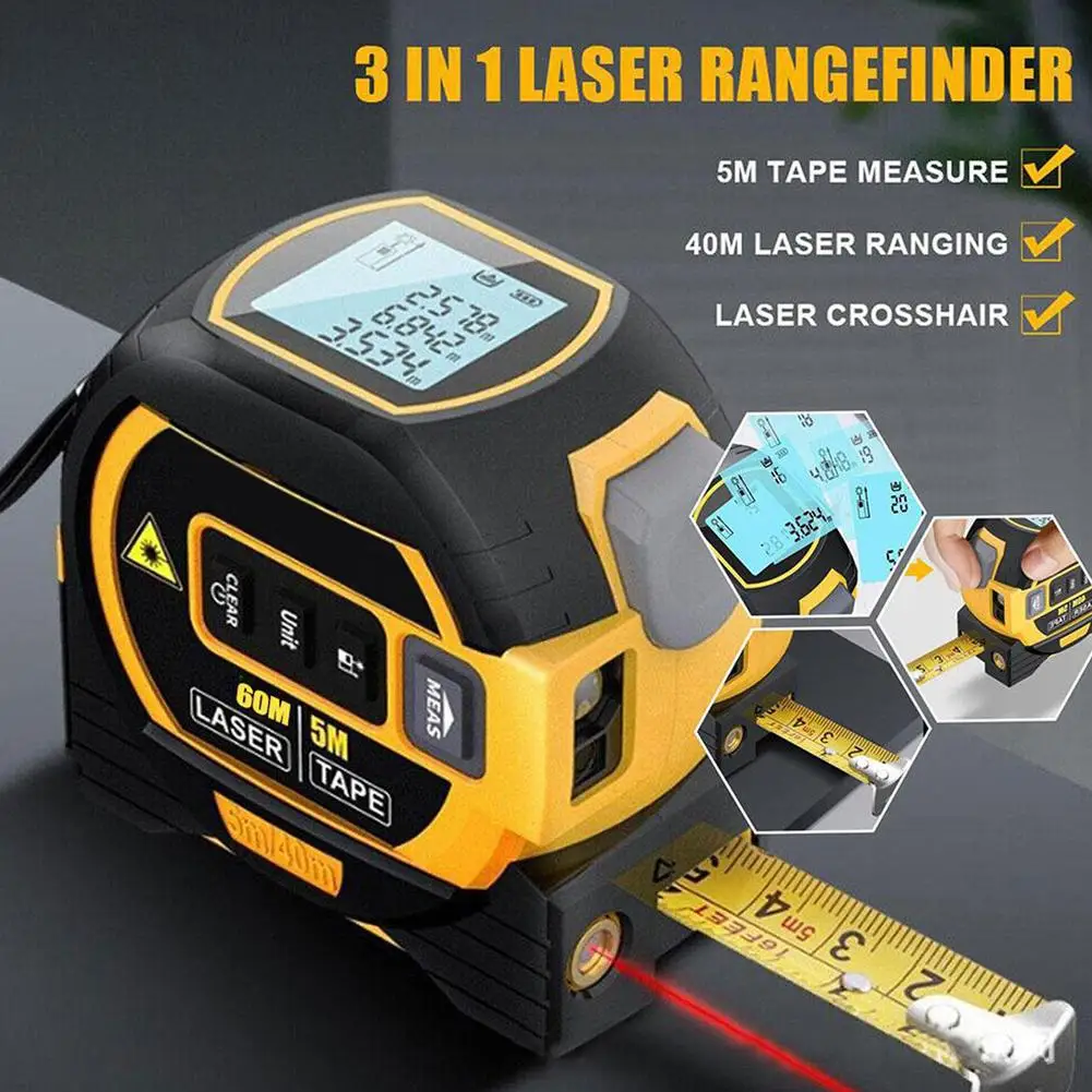 

3 In 1 Laser Rangefinder 5m Tape Measure Ruler LCD Measurement Meter Backlight Distance Device With Display Building Y5D5