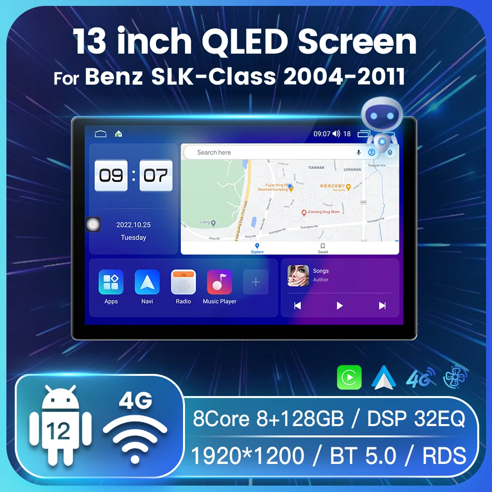 

Автомобильный мультимедийный видеоплеер QLED, экран 13 дюймов, Android 12, для Benz SLK-Class 2004-2011 Carplay, двойной Din, охлаждающий вентилятор DSP, 4G, GPS