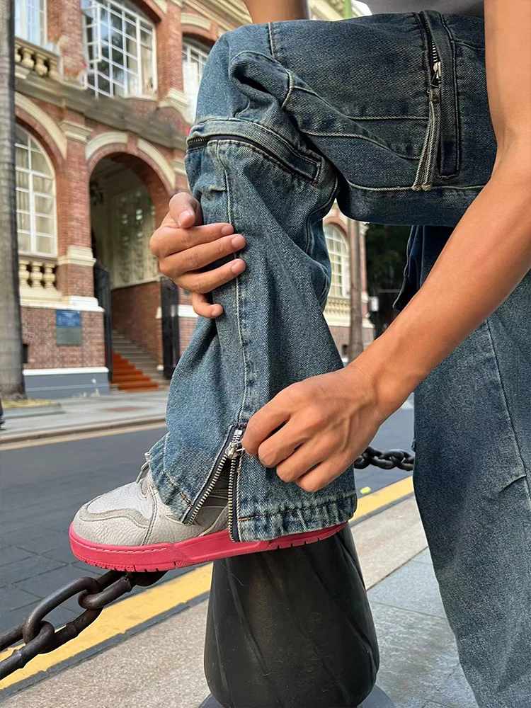 Retro Loose Washable Jeans for Men Y2K Large Pocket Straight Sleeve Jeans Baggy Wide Leg Zipper Hip Hop Casual Pants Floor