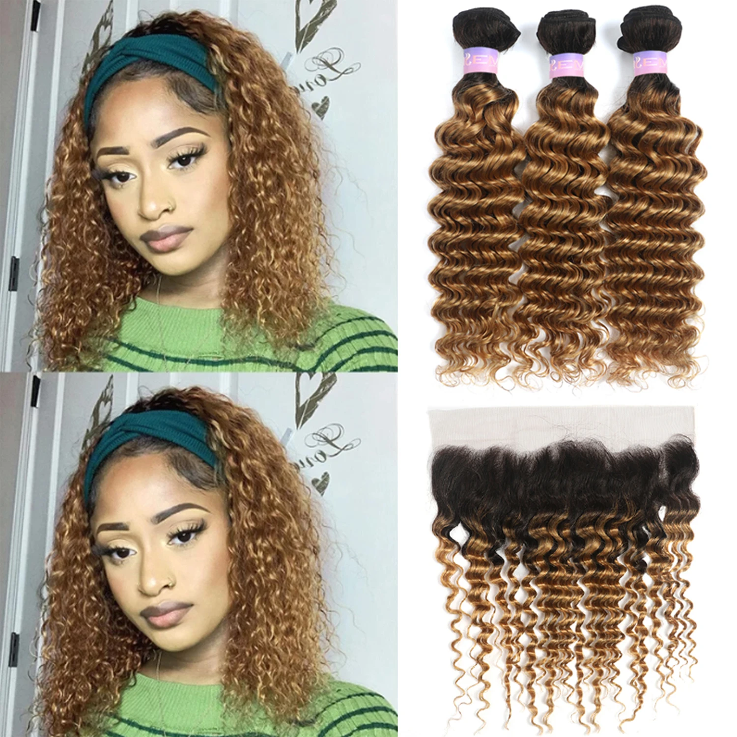 Deep Wave Bundles With Frontal 13x4 Ombre Blonde Colored Hair Bundles With Closure Brazilian Non-Remy Human Hair Weave Bundles