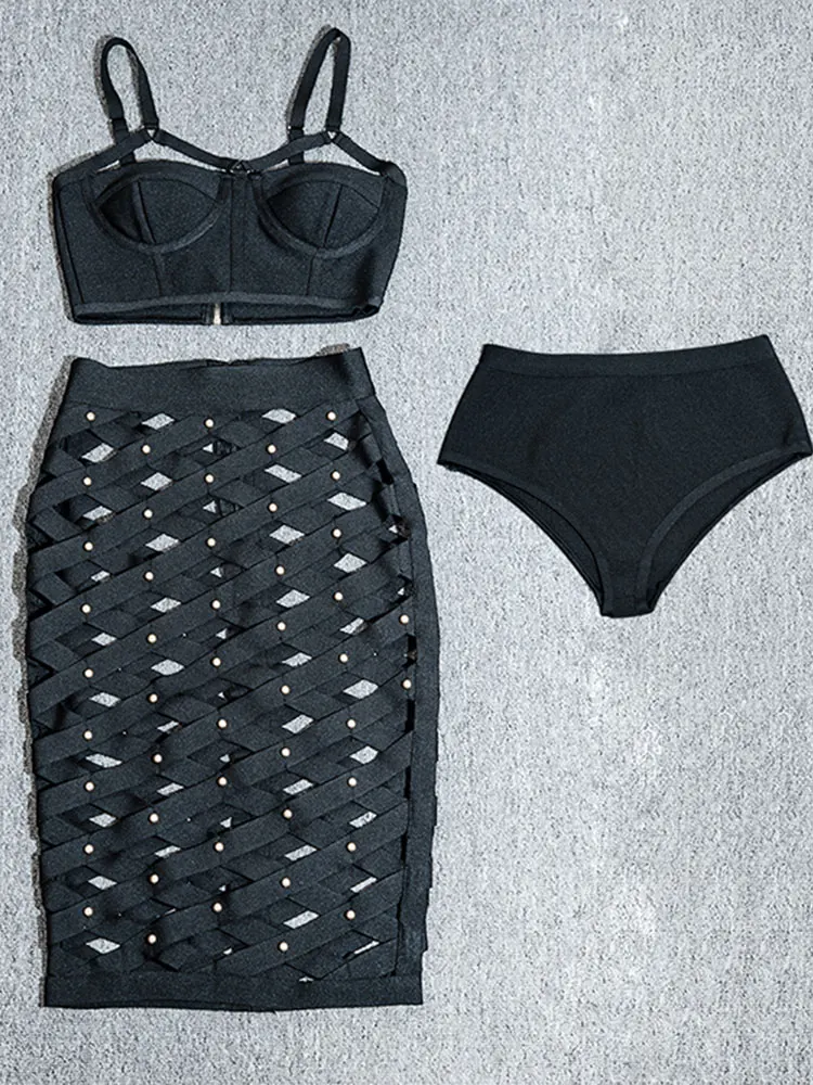 Summer Sexy Women's Bandage Short Dress Set 2022 Fashion Sling Vest Top&Rivet Hollow out Design Mini Dress&Leggings 3 Piece Set enlarge