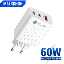 USB 충전기 PD 고속 충전 다중 포트 C 타입 휴대폰 어댑터, 아이폰 삼성 QC 3.0 고속 벽 충전기, 60W
