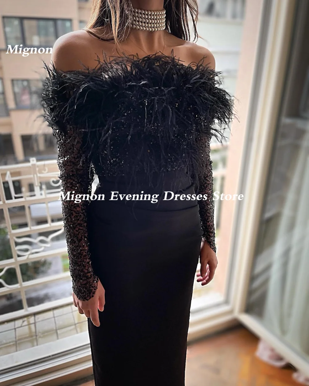 

Mignon Satin Mermaid Off-the-shoulder Neckline Feathers Prom Gown Floor-length Formal Elegant Evening Party Dress for Women 2023