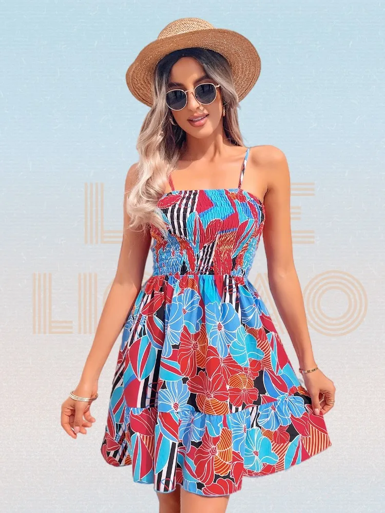 

Random Floral Print Shirred Flared Hem Cami Dress Summer Sexy Sleeveless Chest Wrapping Mini Dress Women Clothes Robe Femme