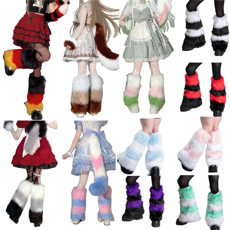Фото Женские теплые чулки из искусственного меха для ботинок, женские толстые пушистые утепленные чулки контрастных цветов в полоску с манжетам... №3