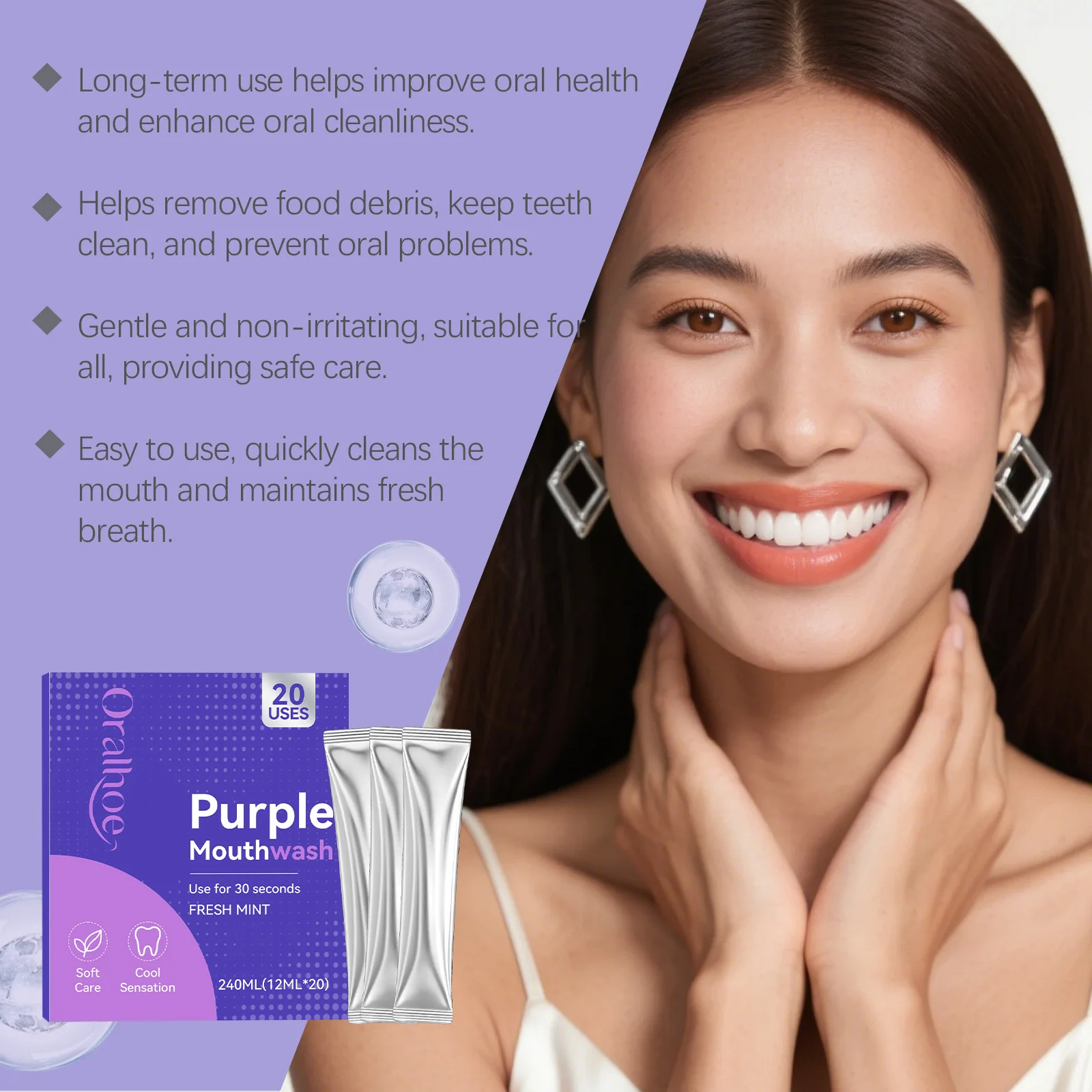 Фото Ополаскиватель для рта Oralhoe Purple Fresh Mint: удаление остатков еды, устранение неприятного запаха изо рта, снятие дискомфорта при проблемах с деснами, нежное очищение полости рта. №4