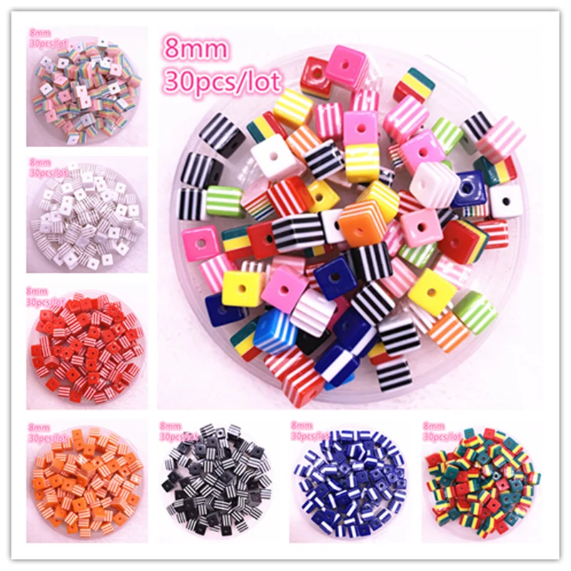 

New Jewelry Resin Spacer Square Beads Mixed Striped Pattern about 30pcs 8mm( 5/16") Dia, Hole: Approx 2.0mm