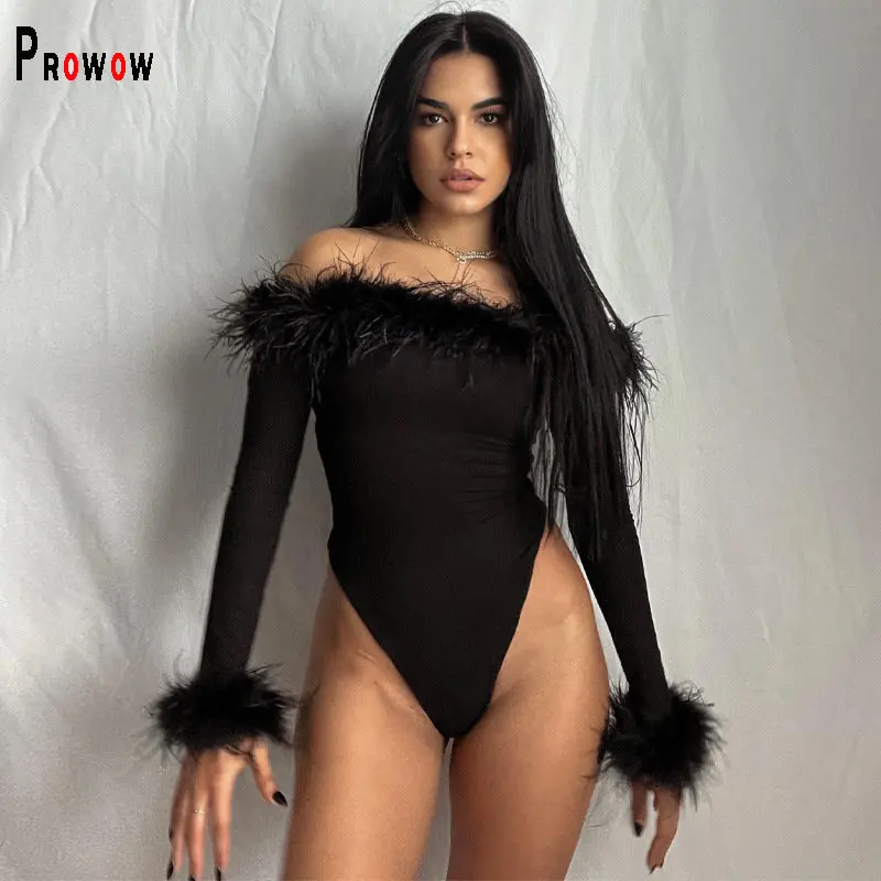 

Prowow Sexy One-piece Women Bodysuits Shoulderless Long Sleeve Fall Winter Basic Tops Clothes Feather Splicing Skinny Outfits