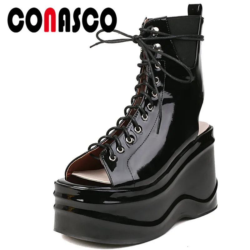 

CONASCO Women Sandals Summer Boots Patent Leather Peep Toe Platforms Wedges Heels Shoes Woman Fashion Punk Style Lace-Up Pumps