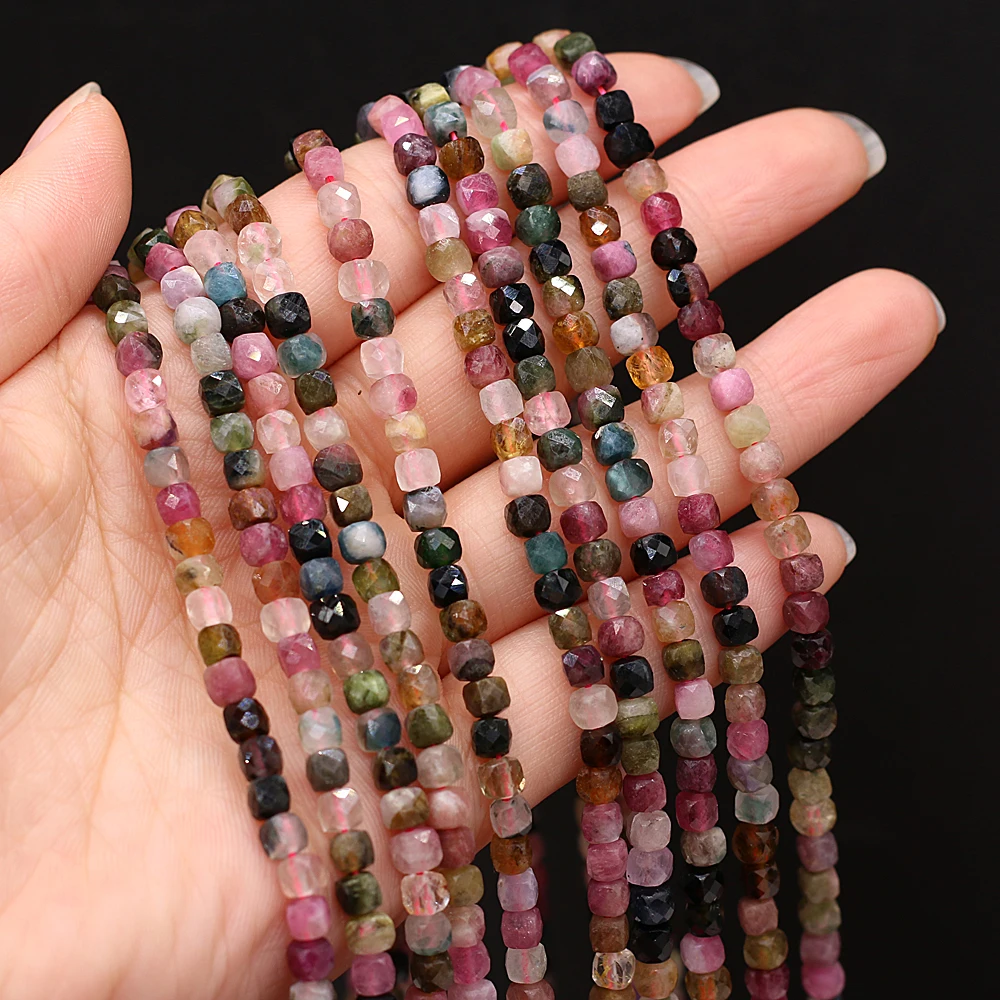 

Natural Tourmaline Stone Beads Multicolor Faceted Loose Spacer Square Beads For Jewelry Making DIY Bracelet Necklace Strands 4mm
