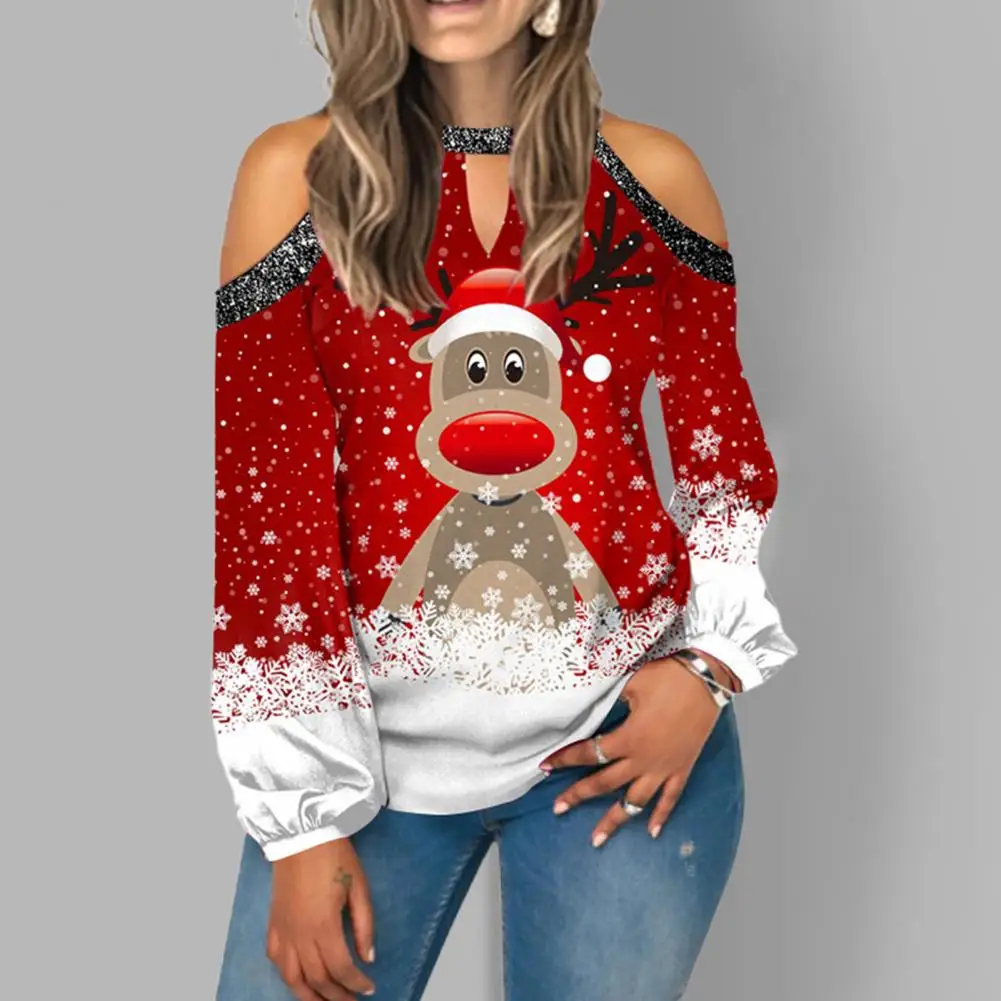 

Fashion Women Blouse All-Matched Loose Fit Lightweight Halter Christmas Print Blouse Casual Blouse Stretchy