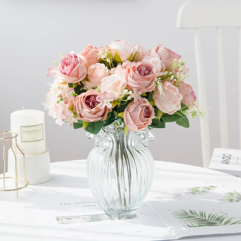 

Artificial Flower Vase for Home Decoration Accessories Wedding Scrapbook Peony Candy Box Arrangement Christmas Silk Rose Bouquet