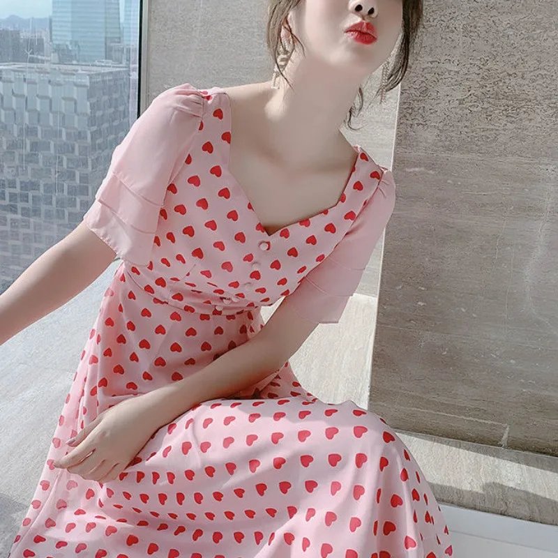 

Polka Dot Dress Women's Summer New Style Small and Reduced Age Waist Show Thin Square Neck Chiffon Dress Women