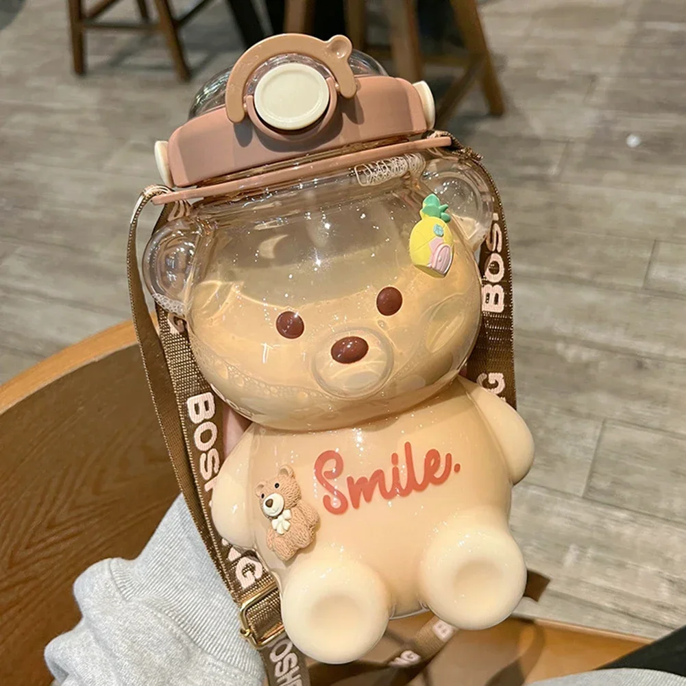 

Cute Bear Drinking Water Bottle Summer Leak-Proof Straw Sports Water Jug Kettle Drinkware Strap Kawaii 3D Cup Stickers
