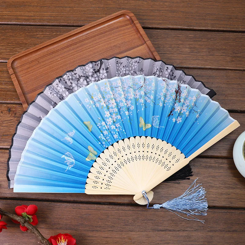 

Vintage Silk Folding Fan Chinese Japanese Pattern Art Craft Gift Performance Dance Tassel Hand Fan Photo Props Home Decoration