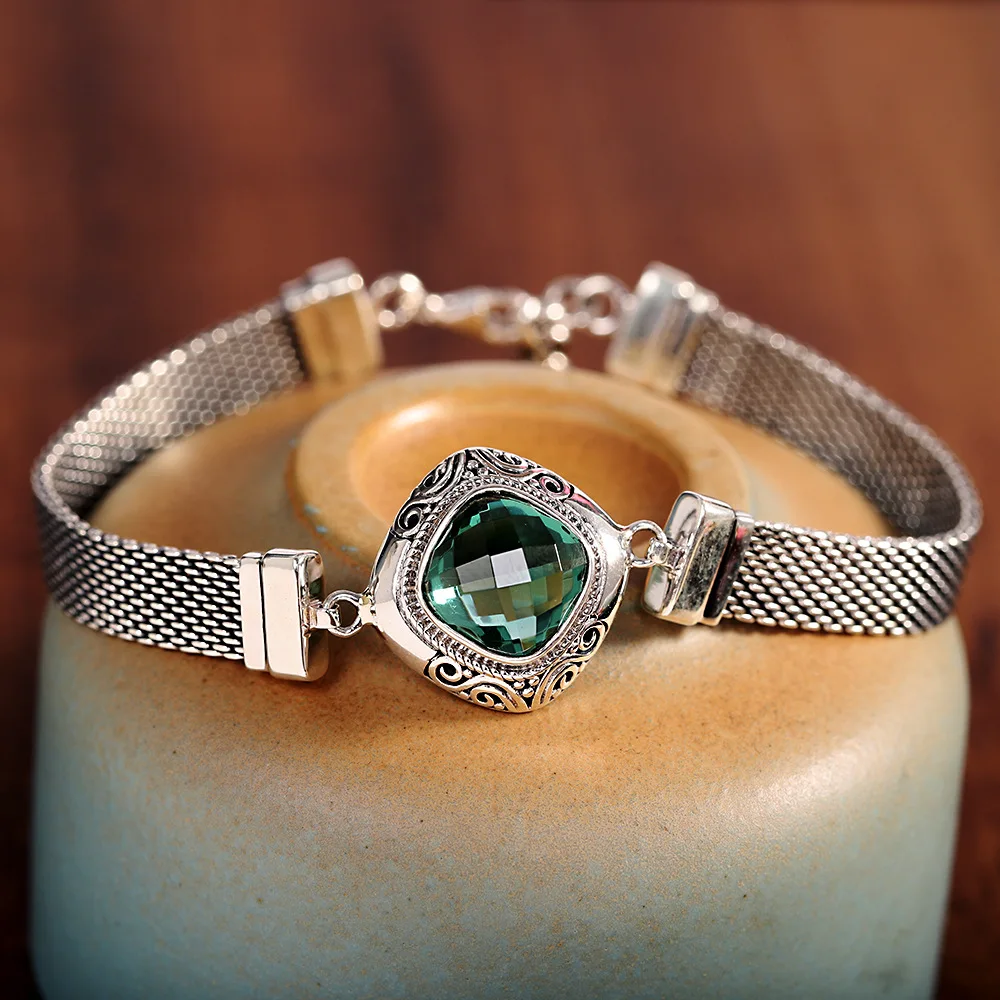

New 100% s925 Silver Jewelry Inlaid With Green Crystals 2021 Fashion Trend Women's Bracelet