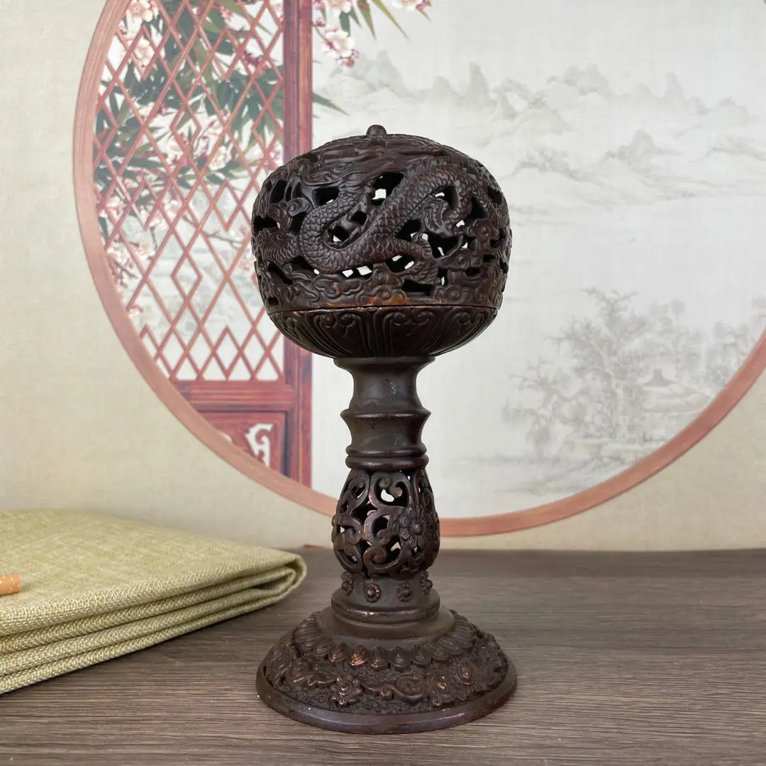 Античная Медная полая курильница Sugong двойной дракон медная с высокой ногой