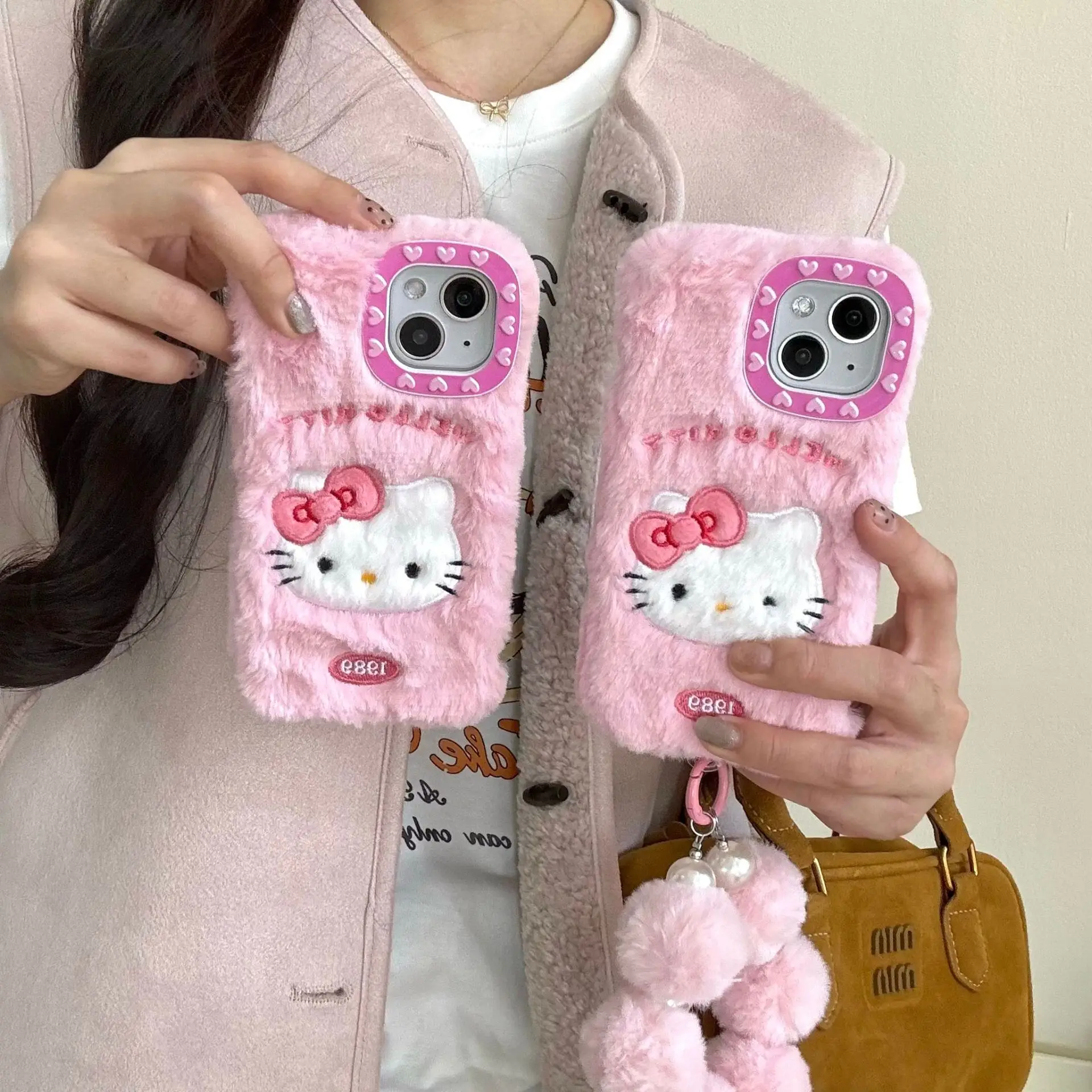 Cute Hello Kitty Embroidery With pendant Phone Case For Iphone 16 15 14 13 Promax Y2k Sweet Girl Protective Cover